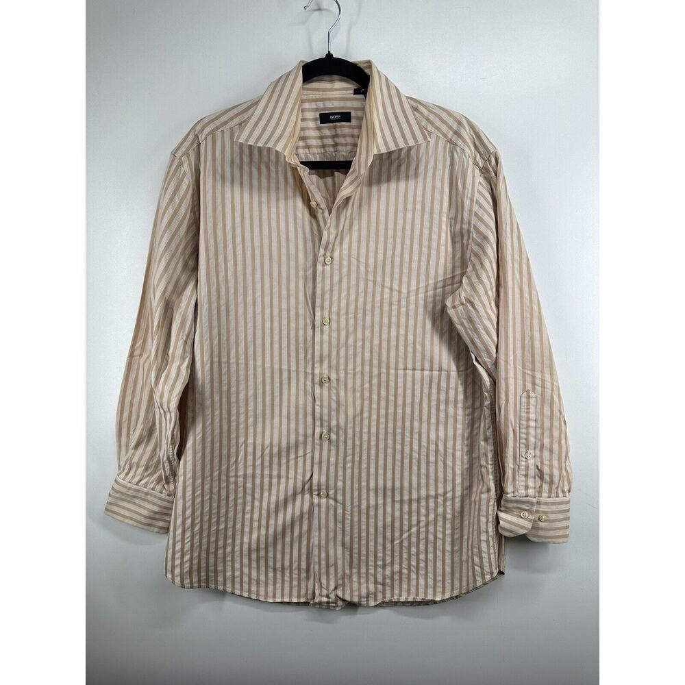Boss Hugo‎ Boss Shirt Mens Sz 16.5 (32/33) Beige Cotton Button Down Stripes